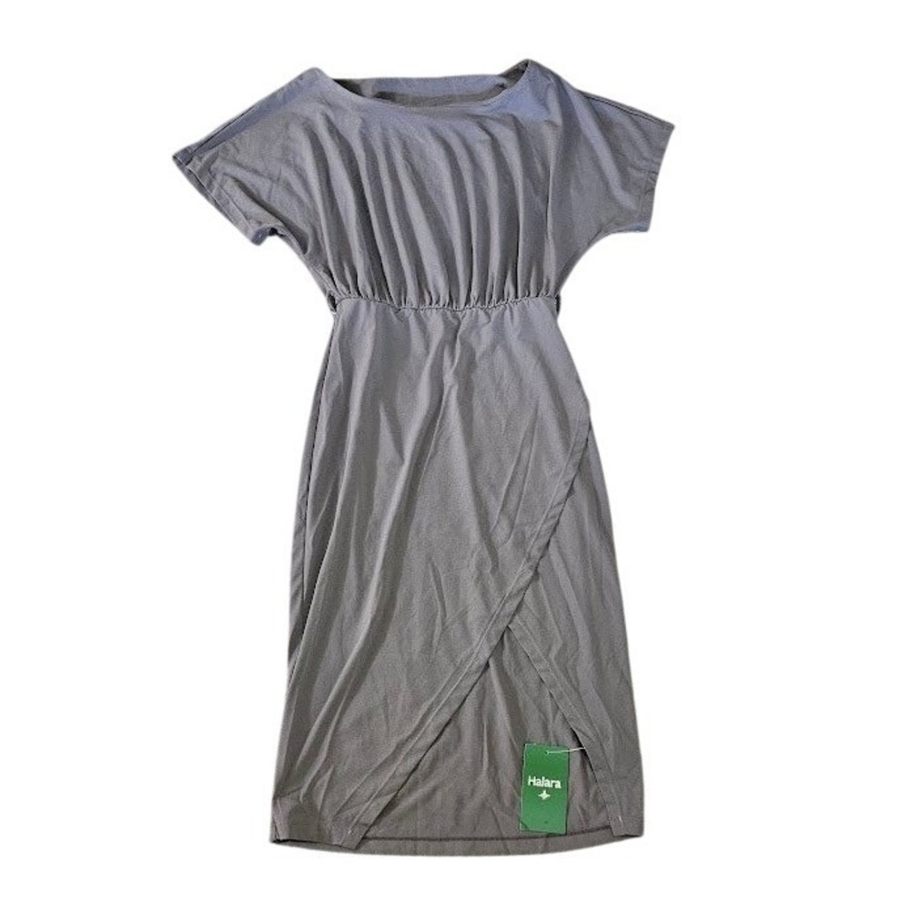 Halara Women Gray Short Sleeve Cinched Waist Tulip Wrap Midi Dress XS New